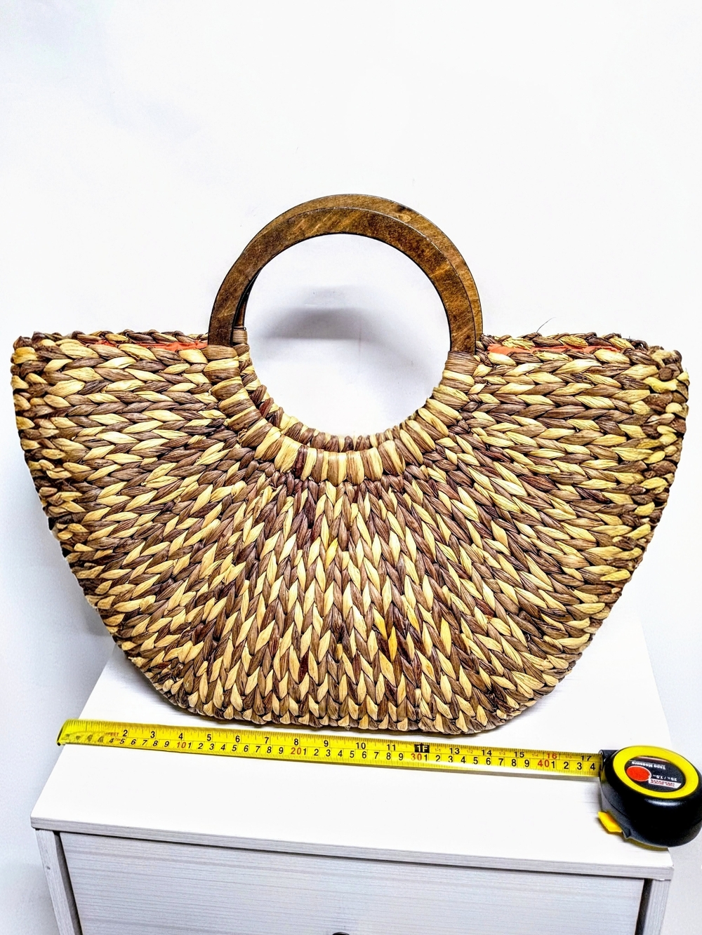 Natural Woven Straw Tote Bag with Wooden Handles